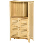 Badezimmerschrank Badschrank Standregal mit 2 Lamellentüren, offenem Regal, Bambus, Aufbewahrungsschrank Schrank für Badezimmer, Wohnzimmer 50 x 25,5 x 92cm Natur