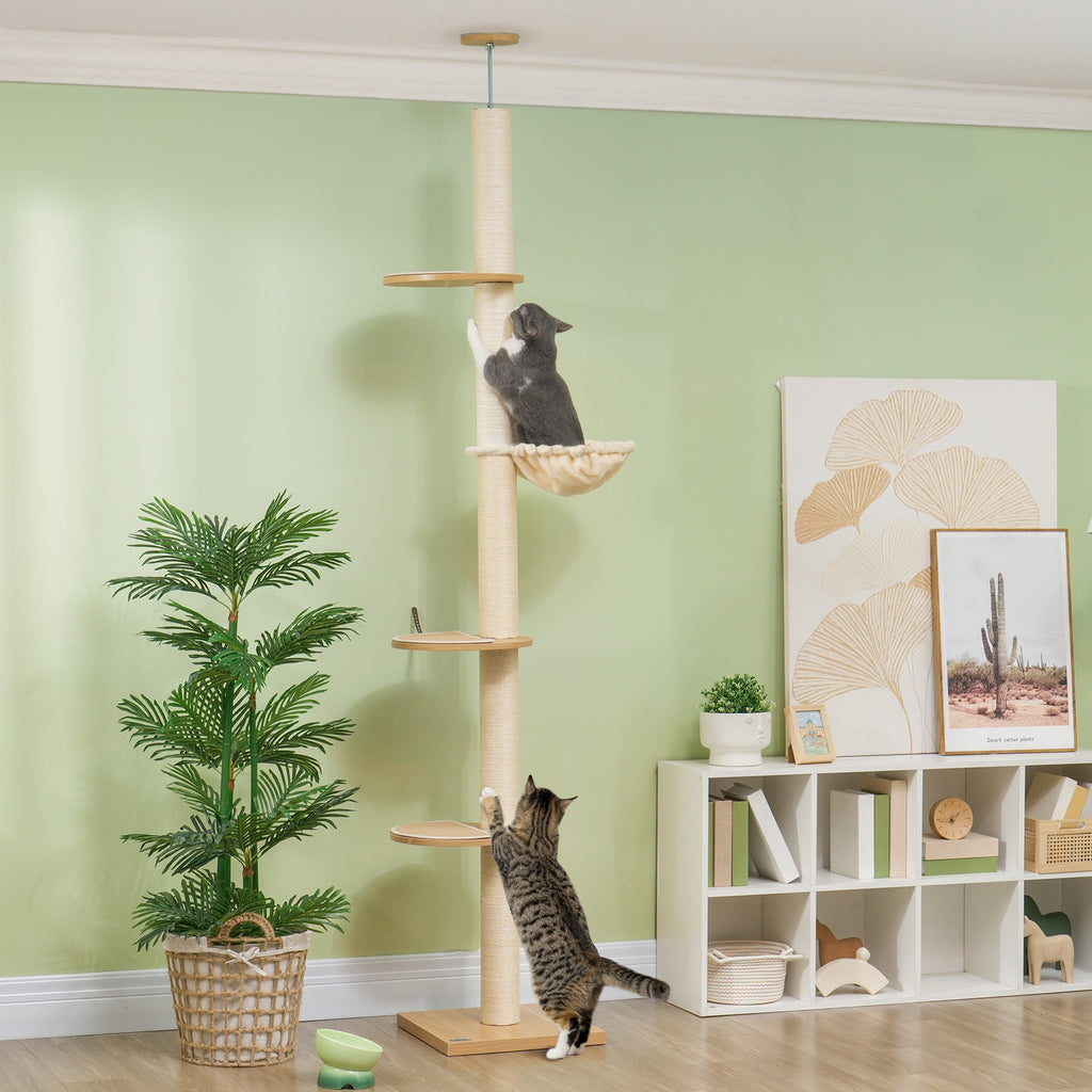 Deckenhoher Kratzbaum, Anti-Kipp-Sicherung, Sisal-Seilpfosten, Holzwerkstoff, Eiche+Cremeweiß