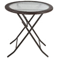  Folding Rattan Garden Dining Table, 68 cm Round Rattan Garden Table with Water Ripple Tempered Glass Top, Wicker Edging  and Steel Frame for Outdoor, Patio, Brown