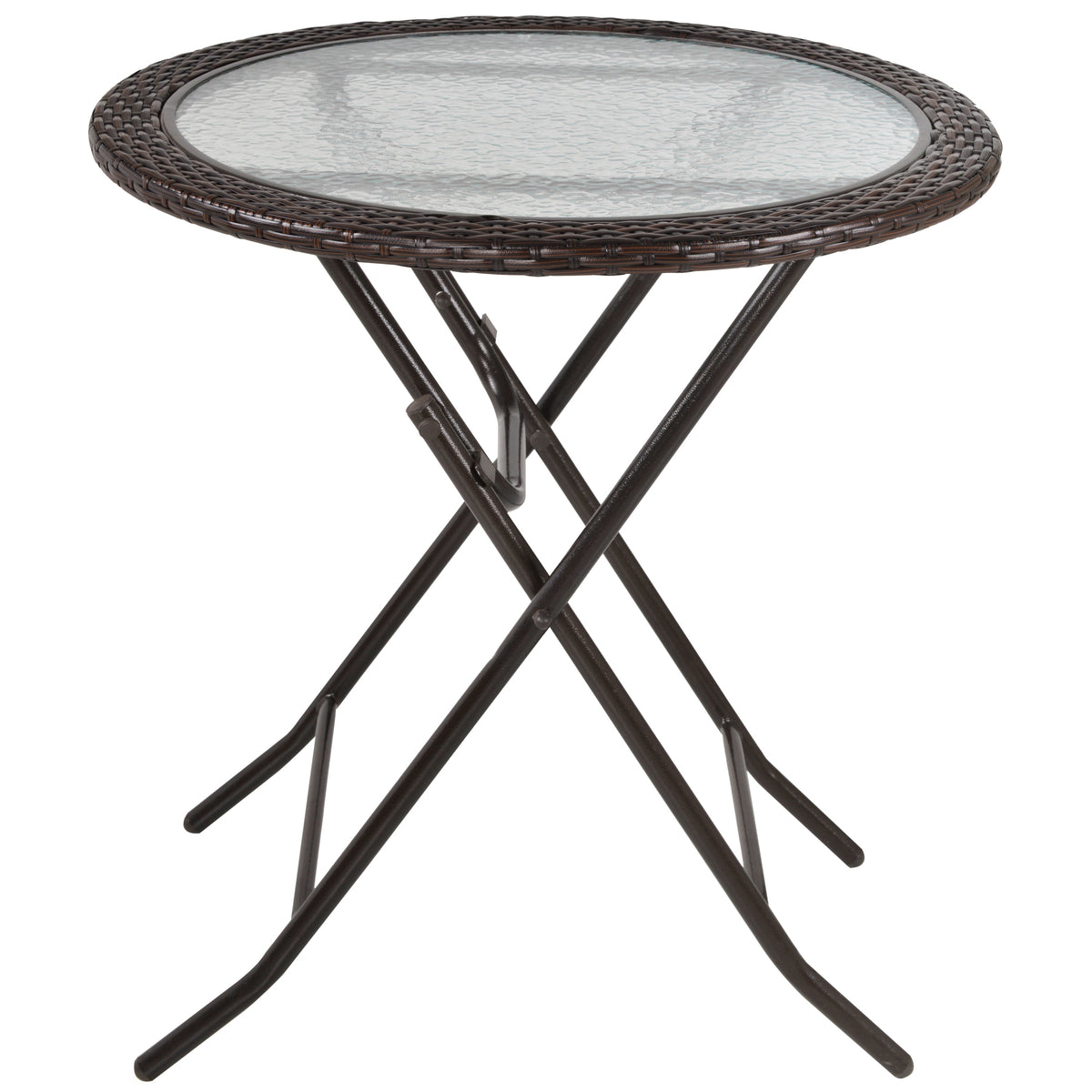  Folding Rattan Garden Dining Table, 68 cm Round Rattan Garden Table with Water Ripple Tempered Glass Top, Wicker Edging  and Steel Frame for Outdoor, Patio, Brown