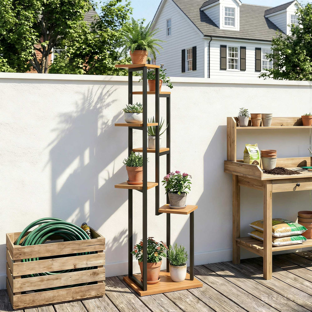 7-Etagen Pflanzenständer, 130 cm hoch Blumenständer, Gestuftes Pflanzenregal aus Holz, mehrstöckig Hellbraun