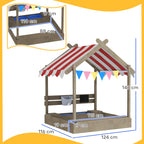 House-Designed Wooden Sandbox, Outdoor Sandpit, with Blackboard, Toys, Sink, Seats, Flags, for Ages 3-7 Years - Grey