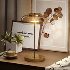 Tischlampe Tischleuchte mit warmem LED-Licht, Metallsockel, bernsteinfarbenem Glasschirm, Ø23 x 40H cm, Gold