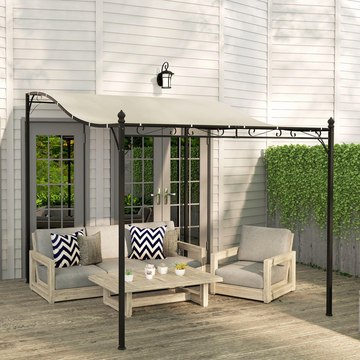 3 x 2,5 m Pergola, Wandmontierter Garten-Pavillon, wasserbeständig, Metallrahmen, Ablauflöcher, Schattendach, Cremeweiß
