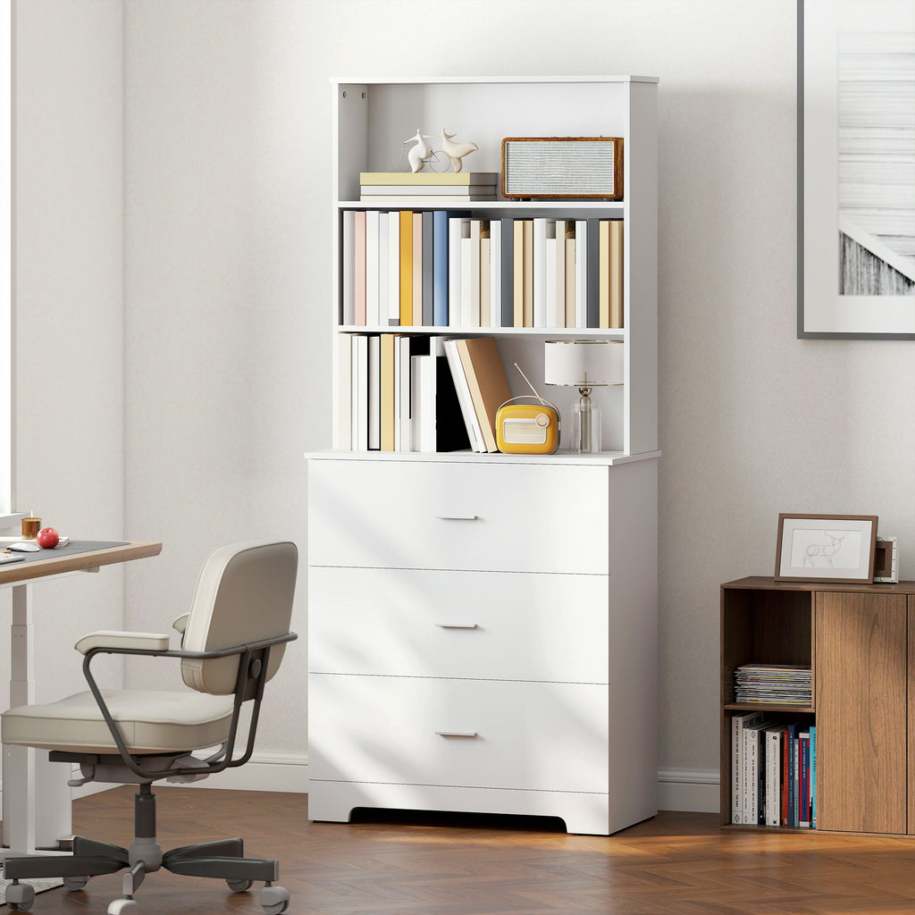 B¨¹cherschrank Hochschrank Vitrinenschrank mit 3 Schubladen, 3 offen Regalen, f¨¹r Wohnzimmer K¨¹che, 79x39,5x180 cm, Wei?