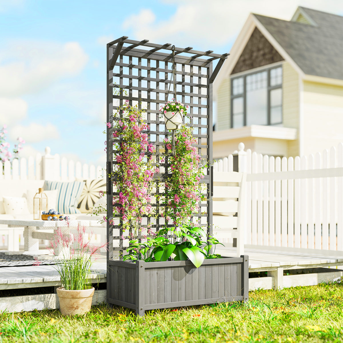 Raised Bed with Drainage Holes, Wood Planter with Trellis for Climbing Plants to Grow Vegetables, Flowers, Dark Grey