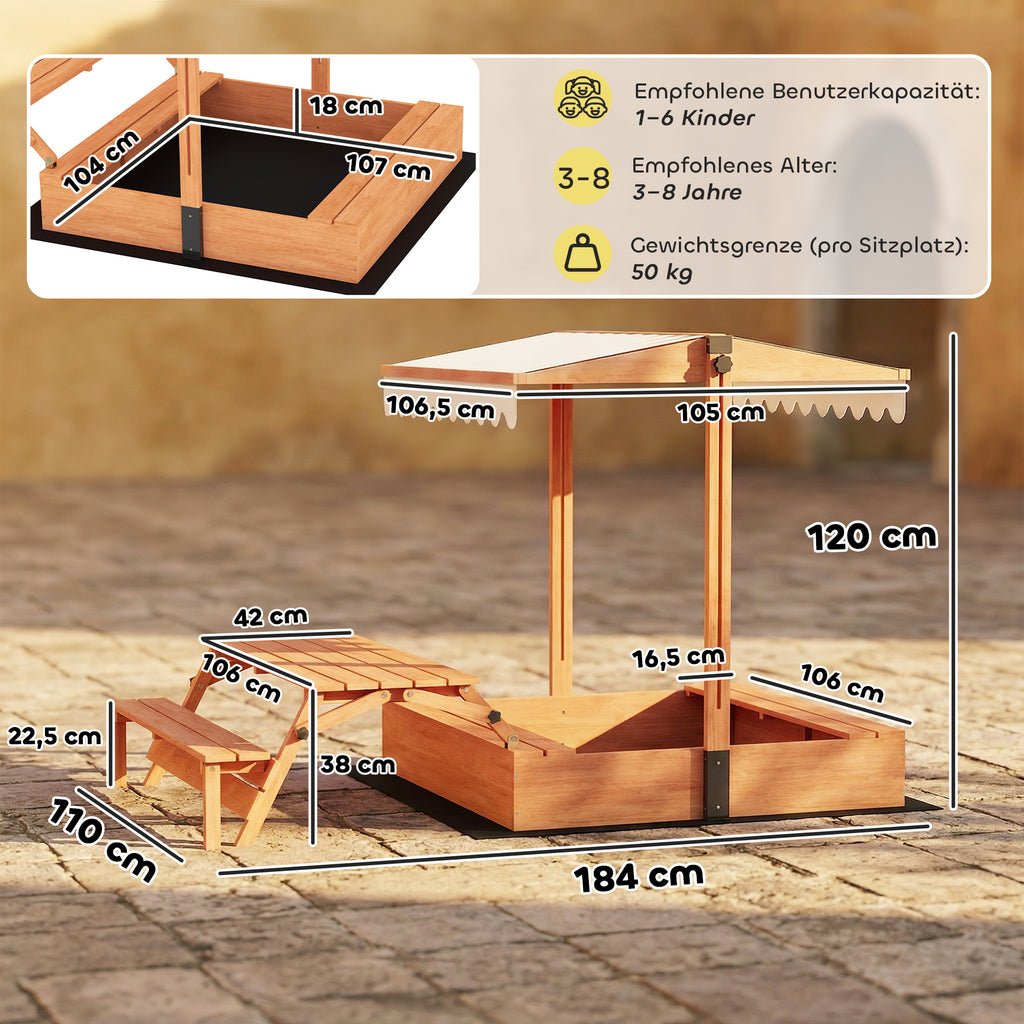 Sandkasten mit Dach Sandkiste aus Holz mit klappbarem Picknicktisch Sitzbänken für 3-8 Jahre 184 x 110 x 120 cm Braun