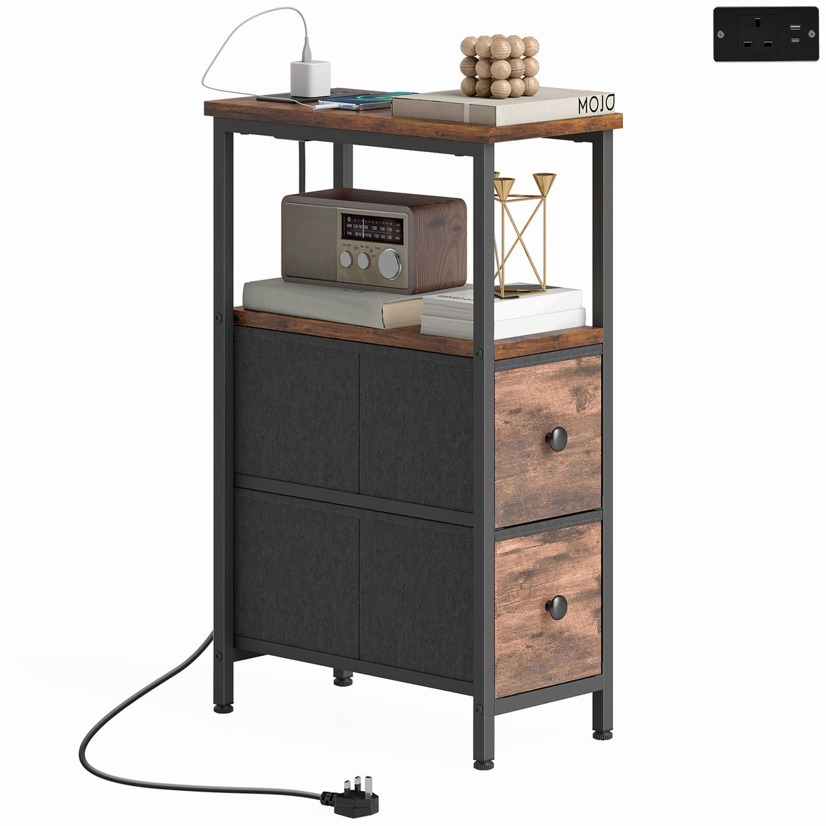 Couchtisch Beistelltisch mit Ladestation, Stahlrahmen, 2 Stoffschublade, offen Fach, 20cm x 40cm x 63cm, Rustikal-Braun