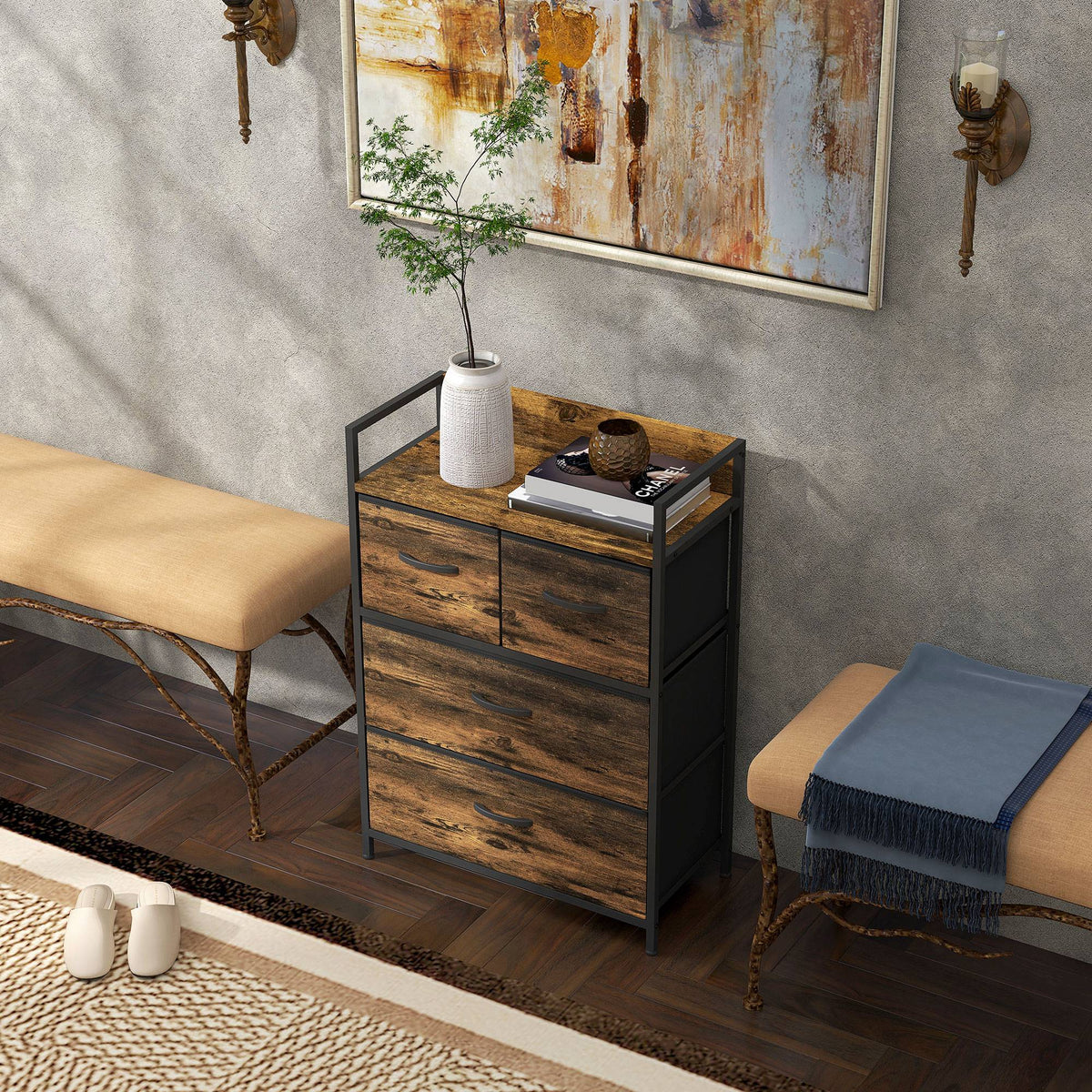 Rustic Chest of Four Fabric Drawers - Rustic Brown