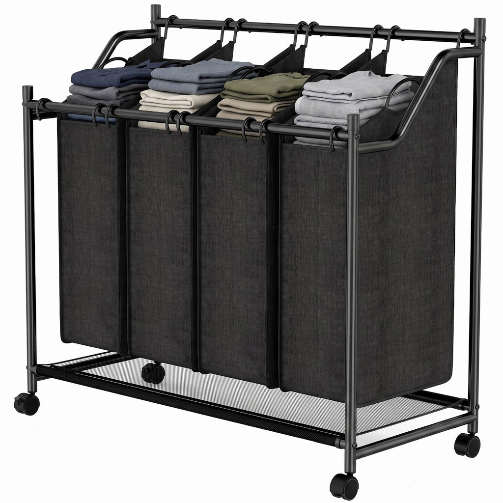 Wäschesammler mit Griff, 108 L rollbarer Wäschekorb mit 4 Fächern und Rollen, Schwarz