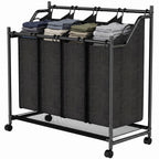 Wäschesammler mit Griff, 108 L rollbarer Wäschekorb mit 4 Fächern und Rollen, Schwarz