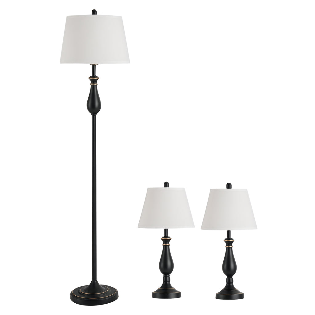3er-Set Stehlampen-Set inkl. 2 Tischleuchten, 1 Stehleuchte, Tischlampen-Set mit E27 Fassung, Lampenschirm aus Leinen Standlampe für Wohnzimmer, Schlafzimmer, Weiß+Schwarz