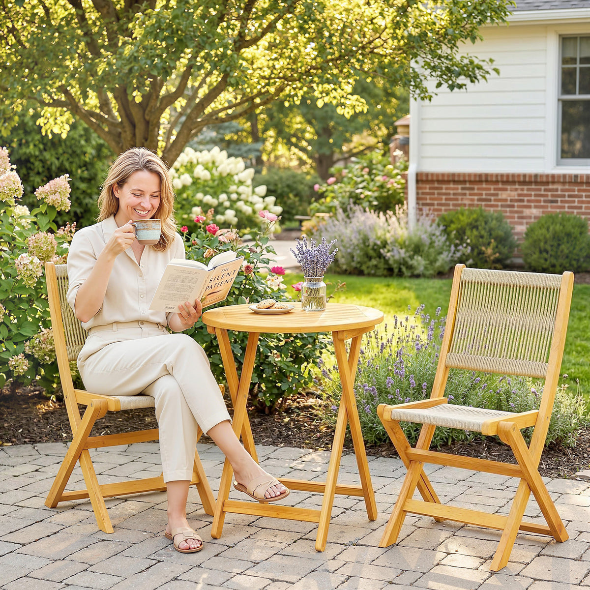 Balkonmöbel Set 3 teilig Polyrattan Holz klappbar Gartenmöbel Set mit Tisch 2 Stühle, Atmungsaktiv