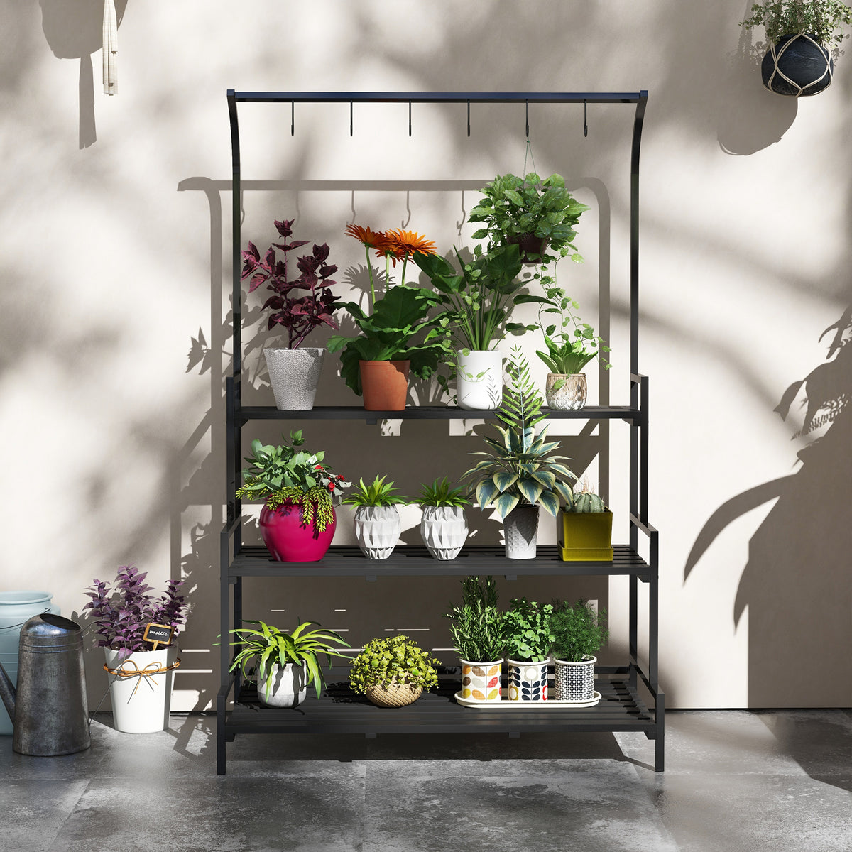 3 Tiered Plant Rack with Hanging Hooks, Tall Plant Stand for Indoor Outdoor Porch Balcony Use, Black