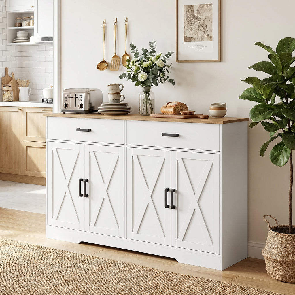 Sideboard Buffet Schrank, 140 cm Farmhaus Küchen-Schrank mit 2 Schubladen und 2 Schränken, Weiß