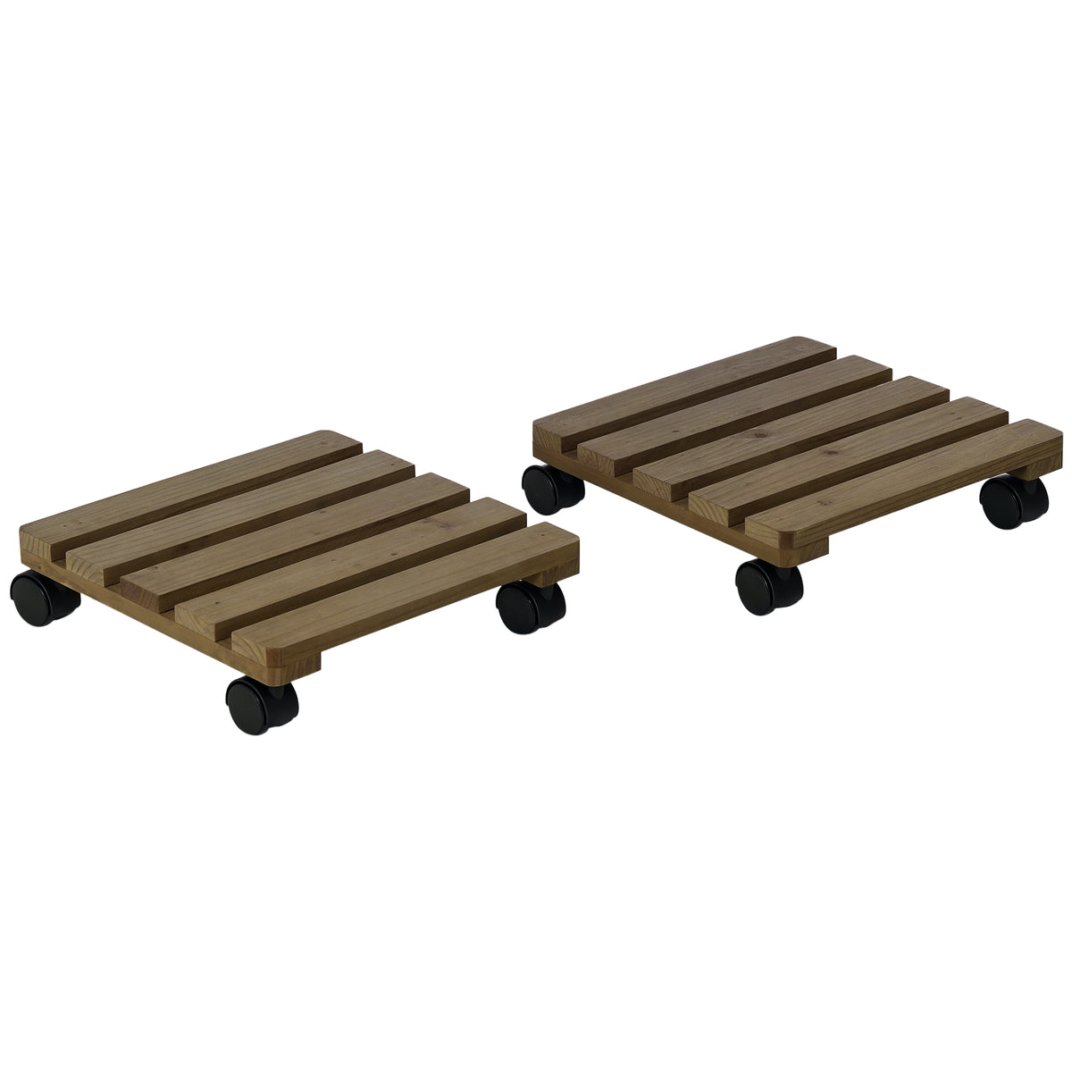 2er-Set rollende Pflanzenst?nder, Massivholz, 4 Rollen mit Bremsen, 30 cm x 30 cm x 7 cm, Braun + Schwarz