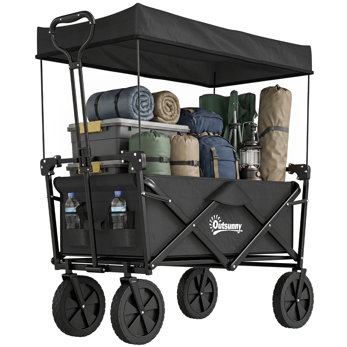 Bollerwagen mit Dach, klappbar, 110L Kapazit?t, Stahlrahmen, 97x52x105 cm, Schwarz