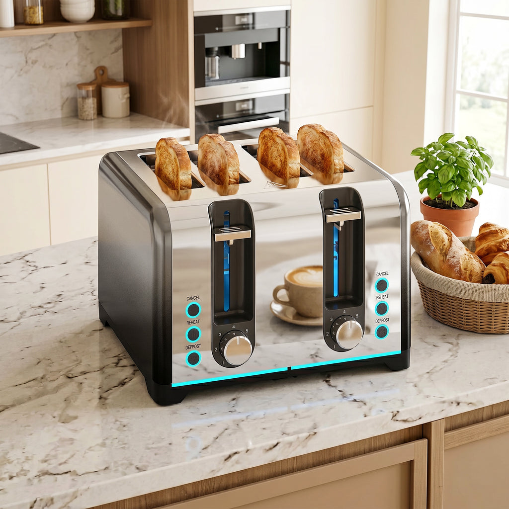 4-Scheiben-Toaster mit 7 Bräunungsstufen, Aufwärm-, Auftau- und Abbruchfunktion