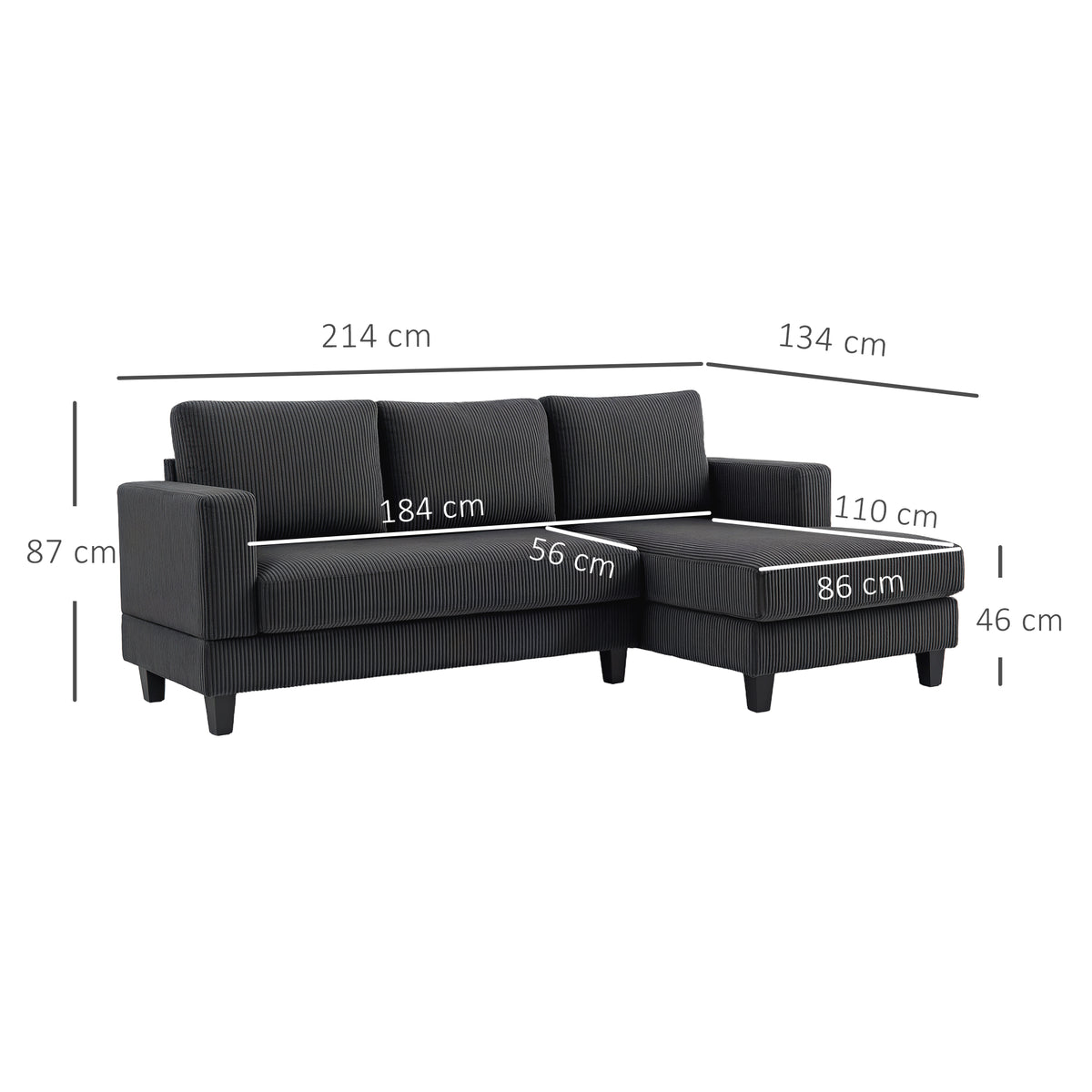 Ecksofa, L-förmiges 3-Sitzer-Sofa mit Chaiselongue, Holzkonstruktion, 8 Beine, Cordstoff, Schaumstoffpolsterung, Grau