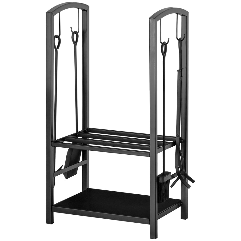 Kaminholzständer, Brennholzregal, 2 Etagen, Kaminbesteck, bis 100 kg, Stahl, Schwarz, 40 x 30 x 74,5 cm