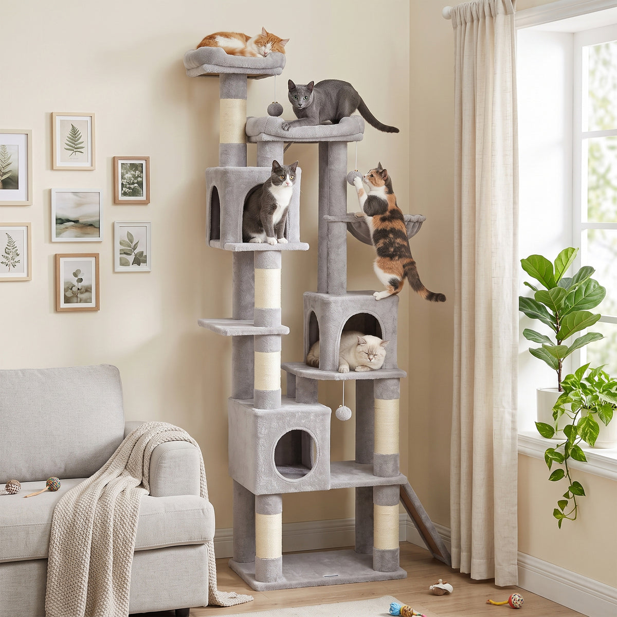 Kratzbaum Große, 200 cm hoch Katzenbaum mit 2 Betten, 3 Höhlen, Hängematte, 3 Bällen für 1-3 Katzen unter 6 kg, Hellgrau