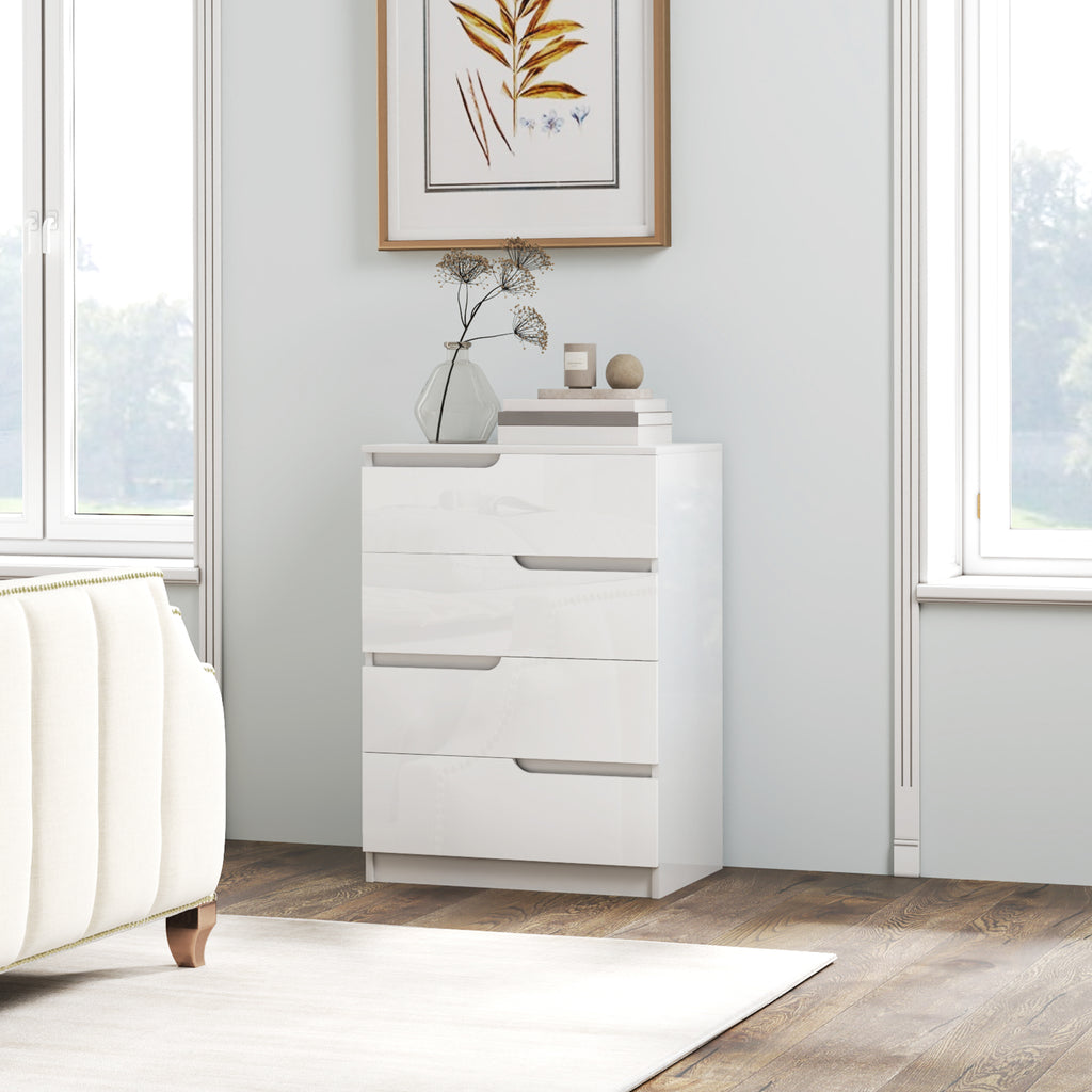 Moderne Kommode, Kleiderschrank, 4 Schubladen, Holz, Kippschutz, Fu?polster, Wei?