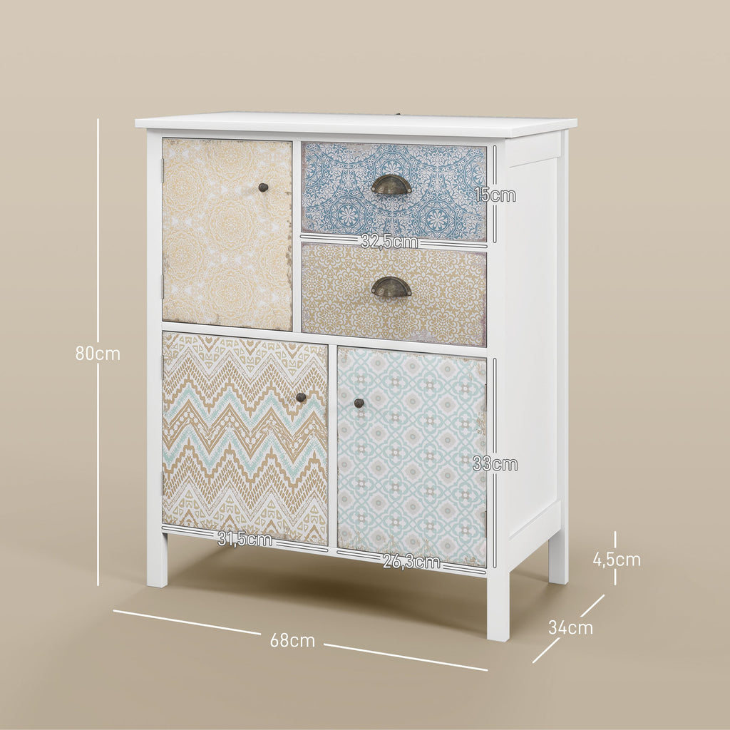 Sideboard, Shabby Chic Kommode, 2 Schubladen, 3 Schrankf?cher, Kiefernholz, 68x34x80cm, Wei?