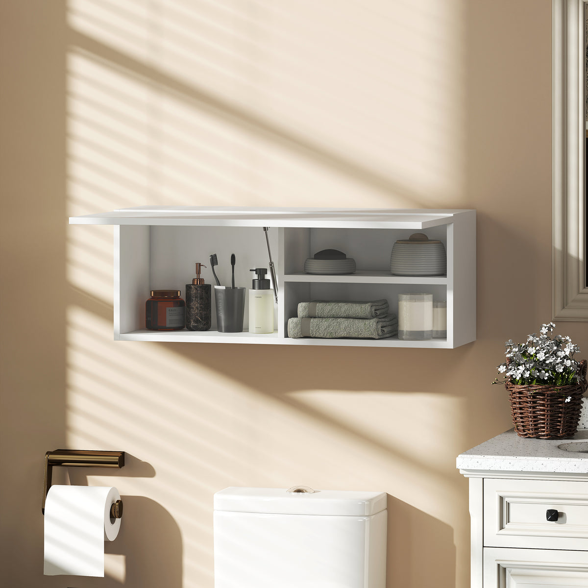 Badezimmerschrank H?ngeschrank Wandschrank mit nach oben klappbarer T¨¹r, Gasdruckfeder Einlegeboden 80 x 25 x 30 cm Wei?
