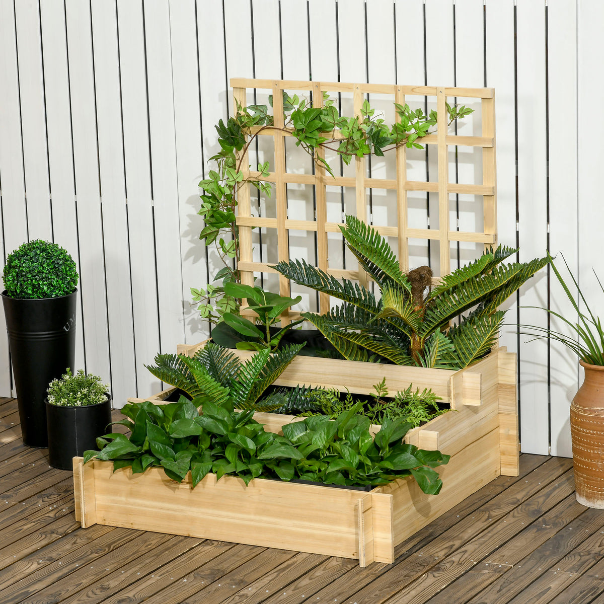 3 Tier Garden Planters with Trellis for Vine Climbing, Wooden Raised Beds, 95x95x110cm, Natural Tone