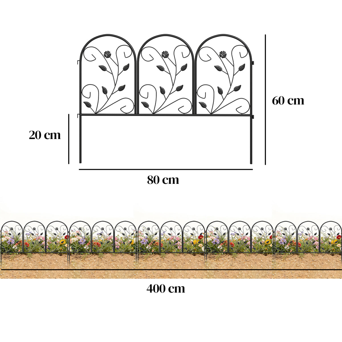 Gartenzaun Zaun aus Metall 80 x 60 cm Dekorativer Gitterzaun Set mit Fuß für Garten Blumenbeete Tierbarriere Schwarz