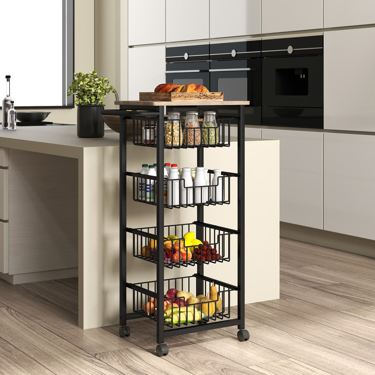Four Basket Mobile Kitchen Island, with Brakes - Oak/Black