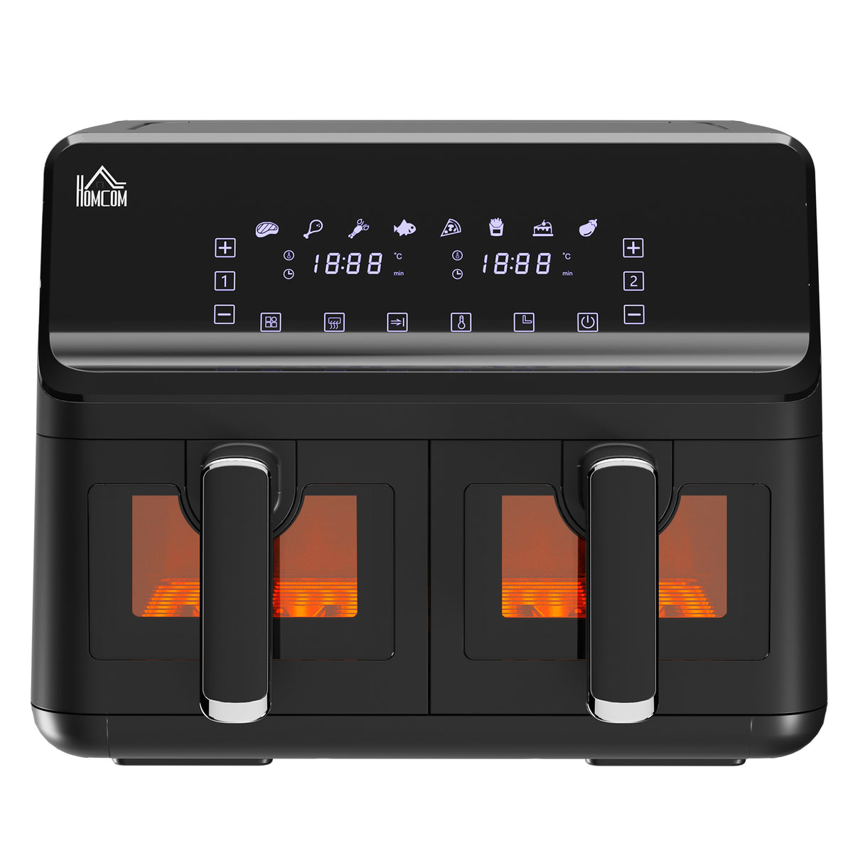 Hei?luftfritteuse, 2 Frittierk?rbe ¨¢ 4 Liter, 8 Programme, Licht, Timer, 38,5 x 38 x 30,5 cm, Schwarz