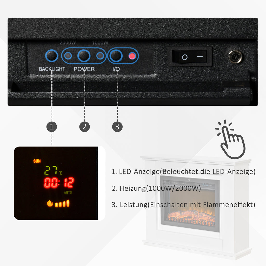 Elektrischer Standkamin mit Heizung, Adaptive Startfunktion, Fernbedienung, Kamin mit Timer, Überhitzungsschutz
