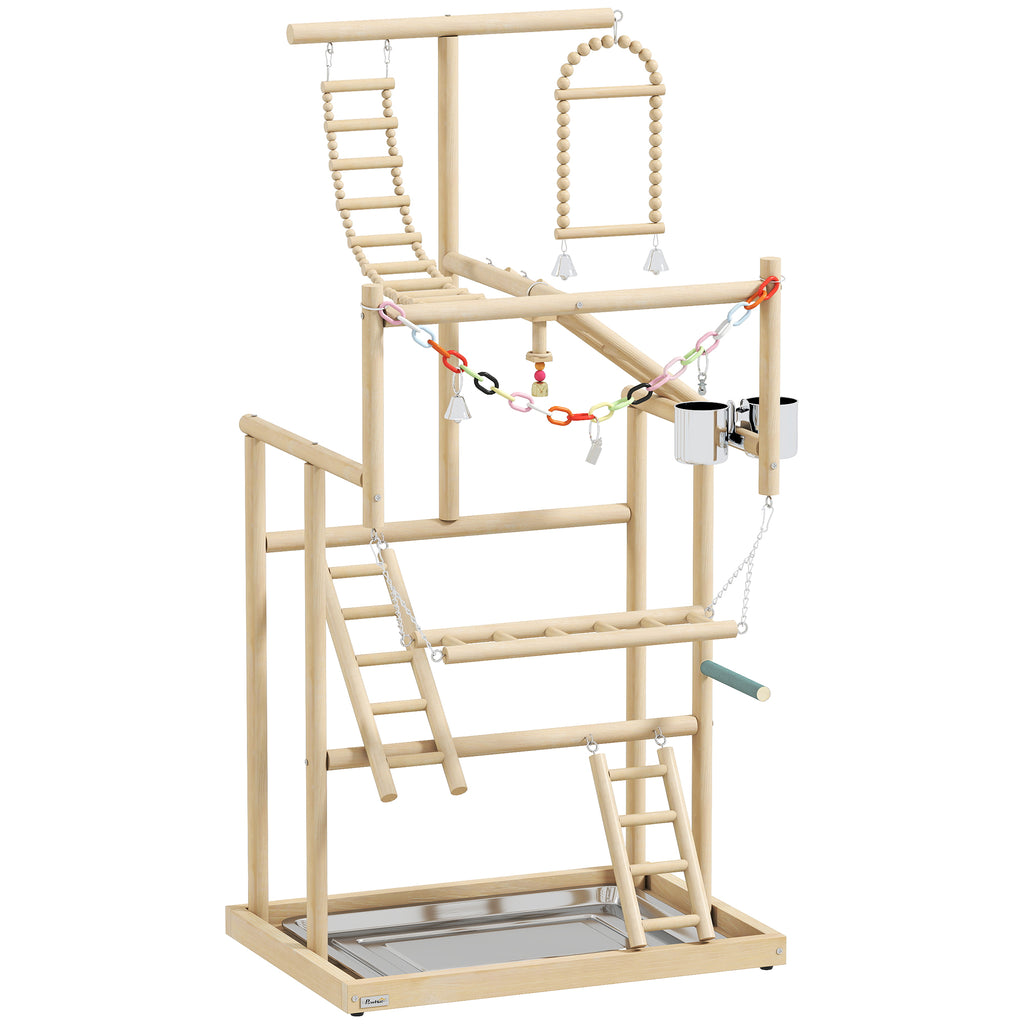95 cm Wooden Bird Playground with Ladders, Chain Toy, Stainless Steel Cups and Tray, Bird Cage Accessories, Natural