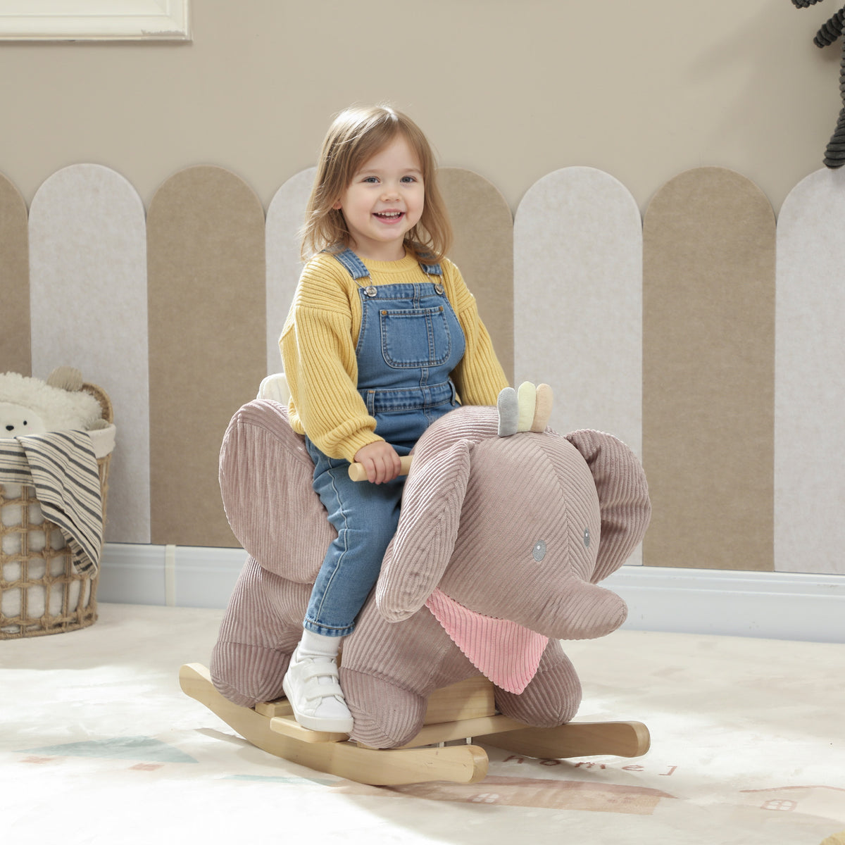 Schaukeltier, Elefant-Schaukel, interaktive Tierger?usche, Holzrahmen, f¨¹r Kinder 1,5-3 Jahre, 65 x 32 x 49 cm, Braun