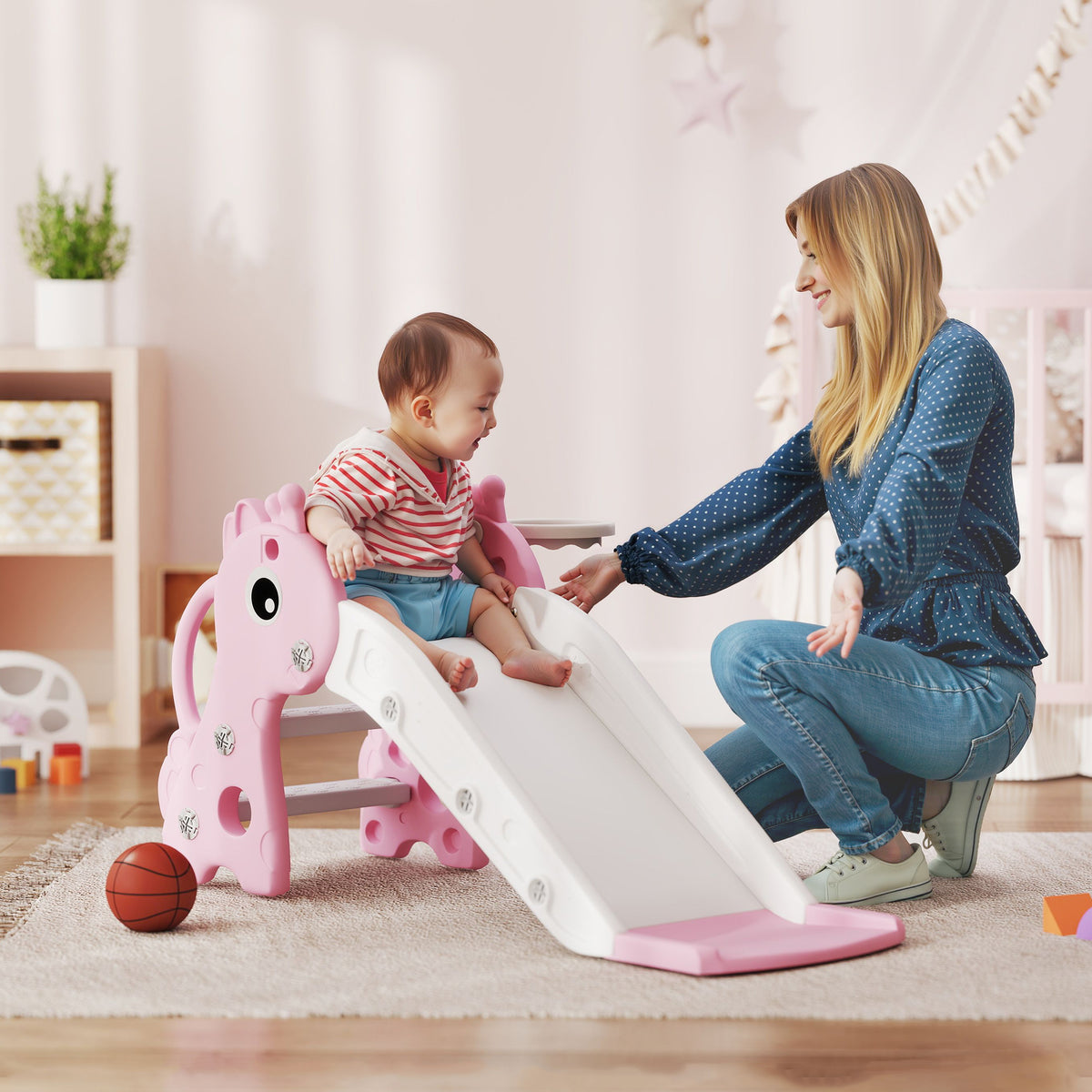 3 in 1 Kids Slide with Climber, Basketball Hoop and Ball, Giraffe Shape Climber Slide for Indoor Kids Age 1-3, Pink