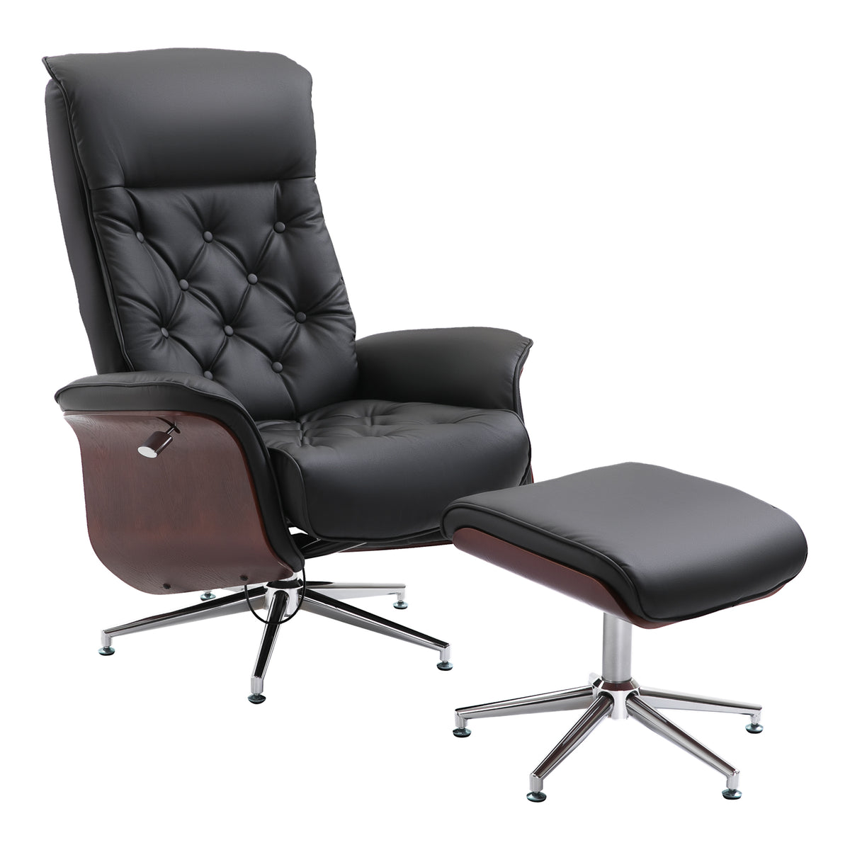 Relaxsessel mit Hocker Fernsehsessel Polstersessel 360° drehbar 145° neigbar mit Retro-Design Chesterfield PU-Bezug Holzverkleidung Metallfuß Schwarz 82 x 83 x 110 cm