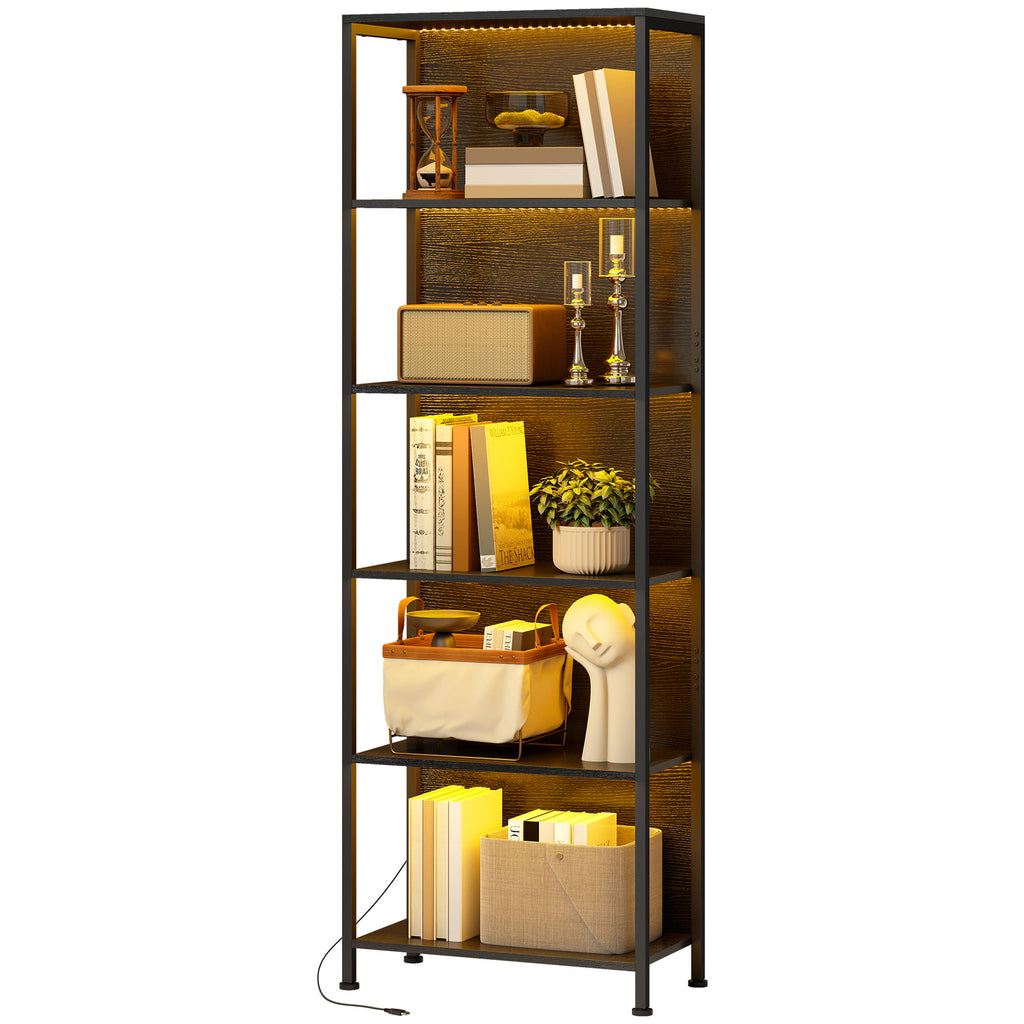 Bücherregal mit 5 Ebenen Standregal mit LED-Beleuchtung, 7 Lichtfarben, für Wohnzimmer, 60 x 30 x 179 cm Schwarz