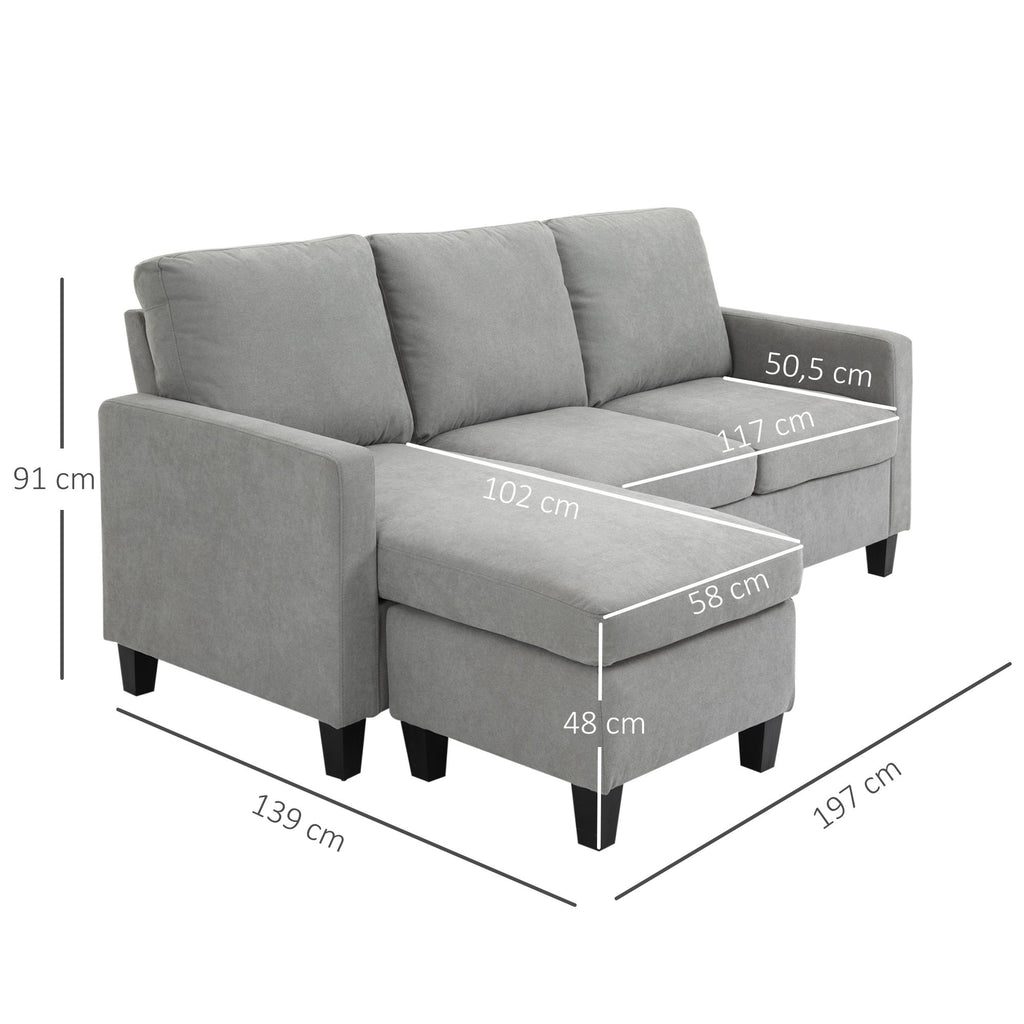 Ecksofa, 3-Sitzer-Sofa mit Kissen, Eckcouch, L-Form Couch, Stoffbezug, Grau