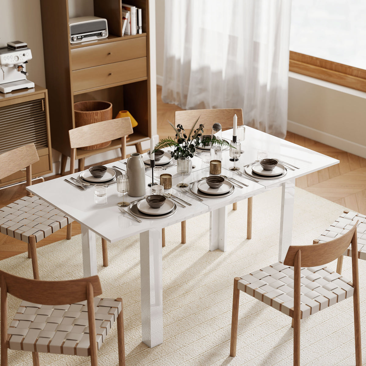Ausziehbarer Esstisch, 120-160 x 70 cm, verstellbarer Küchentisch für 4-6 Personen, MDF, Hochglanzweiß