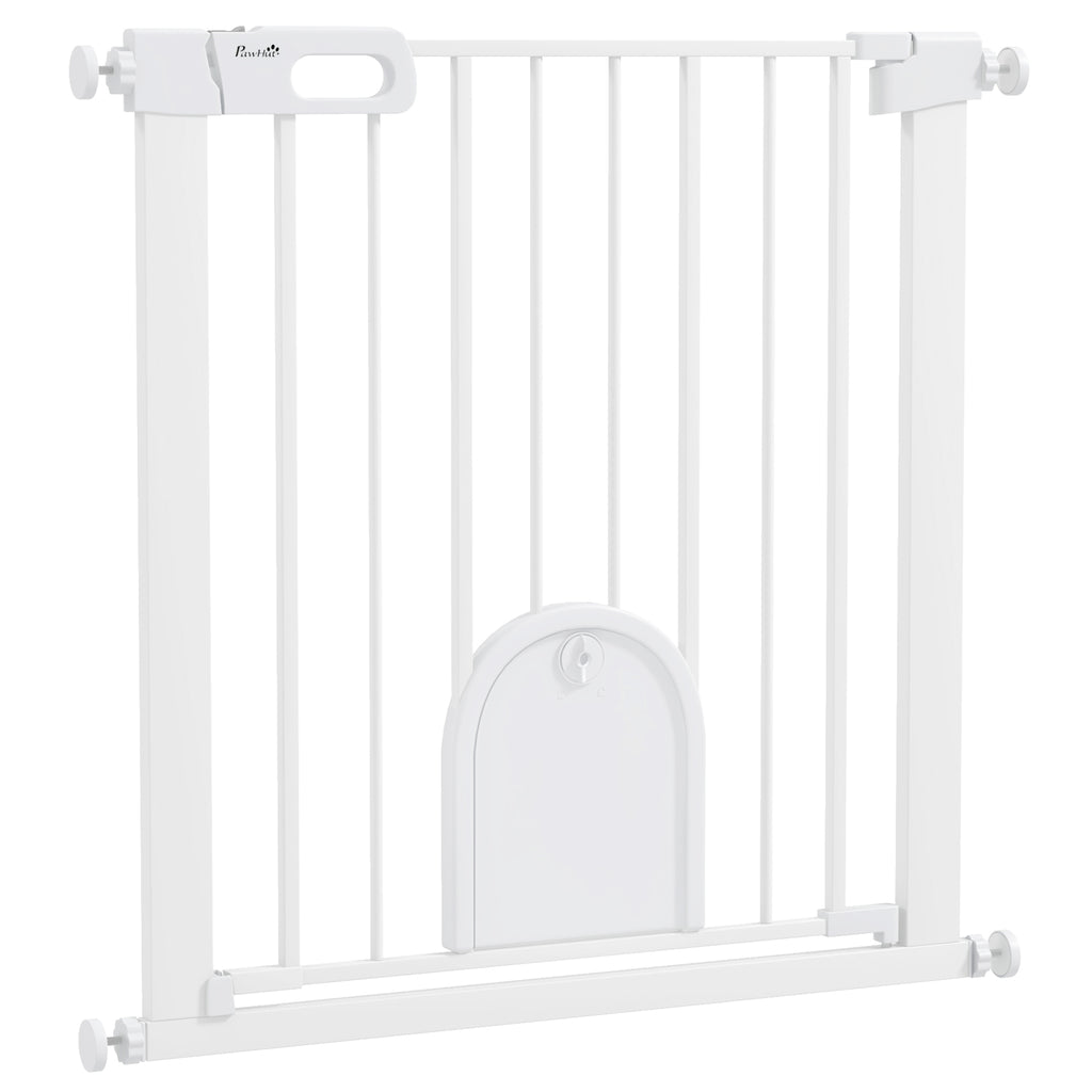 75-82cm Pet Safet Gaye, Pressure Fit Stair, with Cat Flap, Double Locking, White