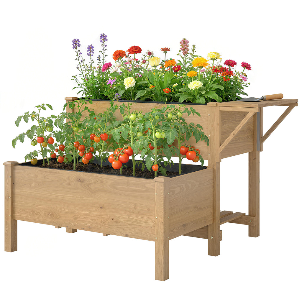Hochbeet 2-stufig erhöhter Pflanzkasten mit Vliesstoff Abflussloch, Holz 119,5 x 102 x 76,5 cm Hellbraun