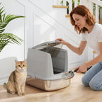 Katzentoilette Edelstahl, geschlossene Katzentoilette mit Schaufel, Geruchsbeutel, Einstieg Ausgang