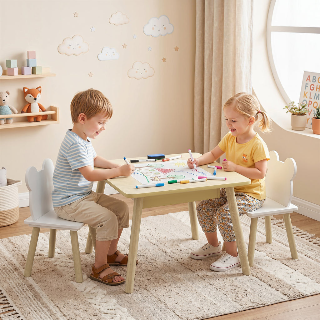 Kindertisch mit 2 Stühlen, Kindersitzgruppe mit Stauraum bärförmiger Rückenlehne für 3-6 Jahre Kinder, Naturholz