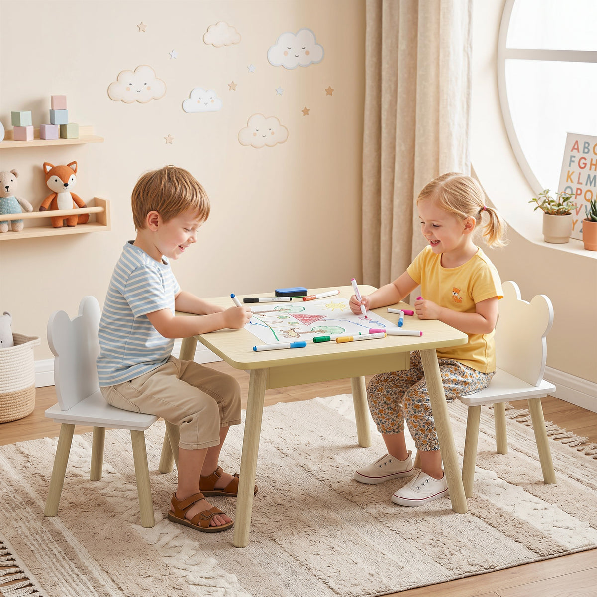 Kindertisch mit 2 Stühlen, Kindersitzgruppe mit Stauraum bärförmiger Rückenlehne für 3-6 Jahre Kinder, Naturholz