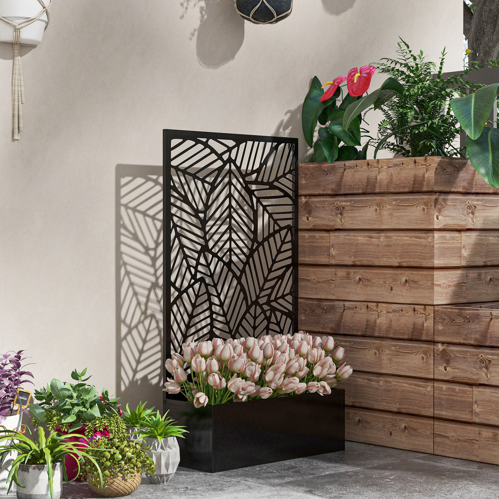 Sichtschutz mit Blumenbeet, Au?en-Paravent, Trennwand mit Blumenk¨¹bel, Metall, Schwarz