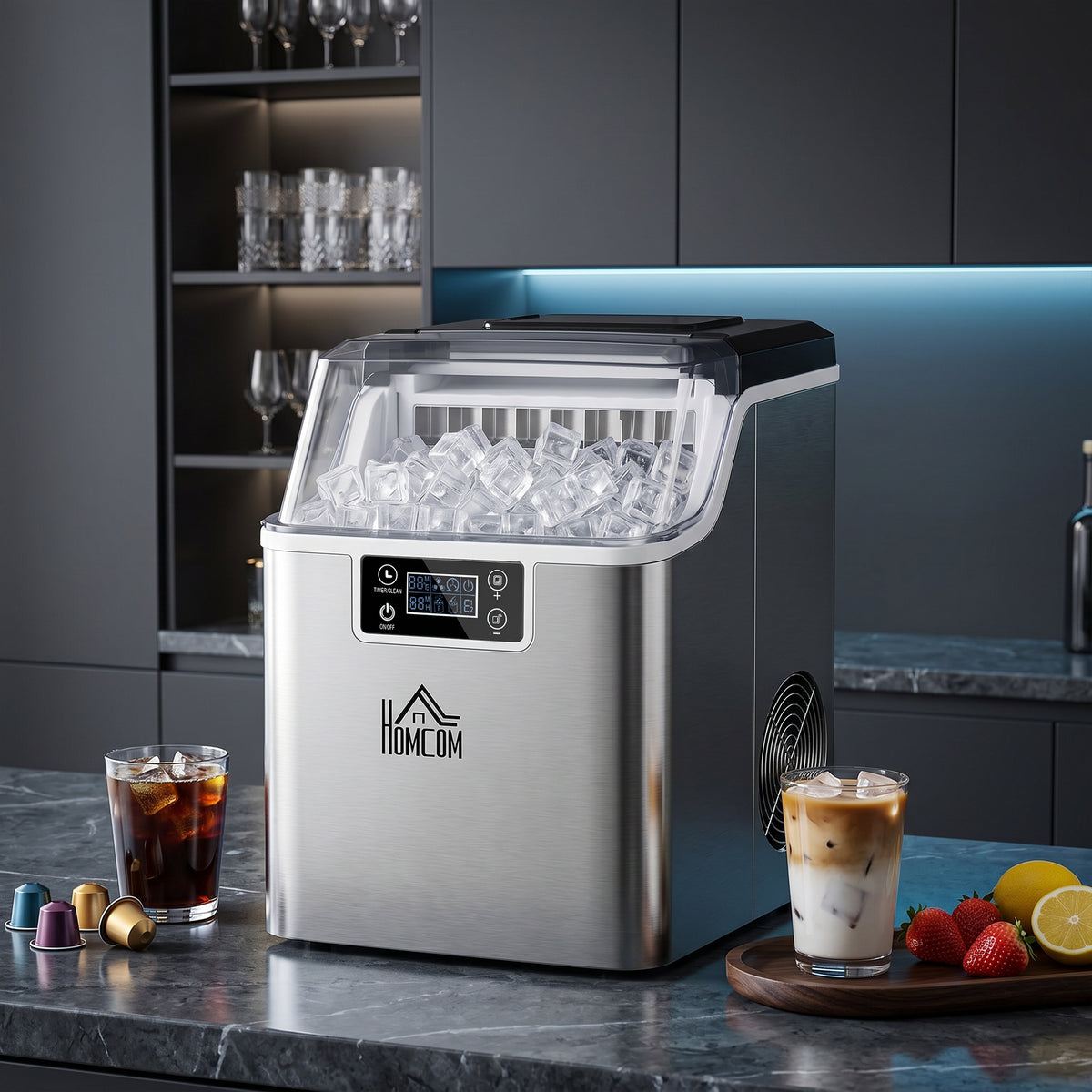 Eisw¨¹rfelmaschine Eisw¨¹rfelspender Ice-Maker 20kg/24h 2,3L Eisw¨¹rfelbereiter mit 3,2 L Wassertank, Silber