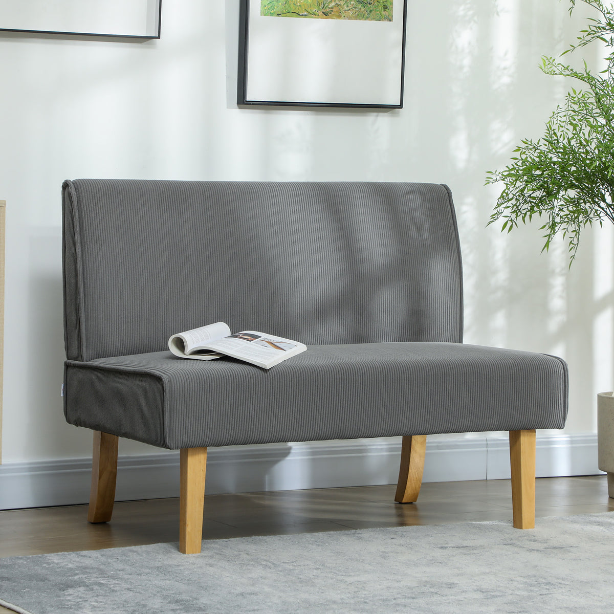 Zweisitzer-Sofa mit Cord-Bezug, dicker Polsterung und soliden Holzbeinen f¨¹r Wohnzimmer, Schlafzimmer, B¨¹ro, Grau