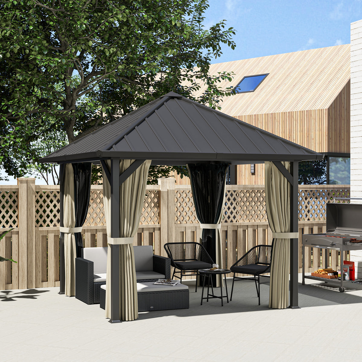3 x 3 m Hartdach-Pavillon, Gartenpavillon mit Metalldach, Wasserfestes Gartenzelt mit Netz und Seitenwänden, Dunkelgrau