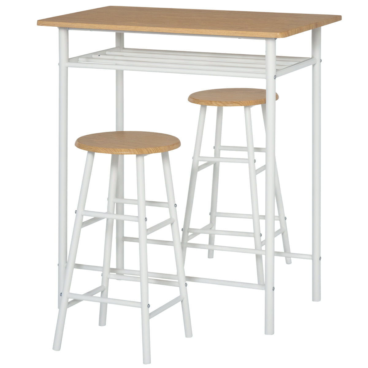 Bartisch Set Bartisch mit 2 Barhockern Essgruppe Küchentisch mit Lagerregal Esstisch für Esszimmer, Küche, Weiß